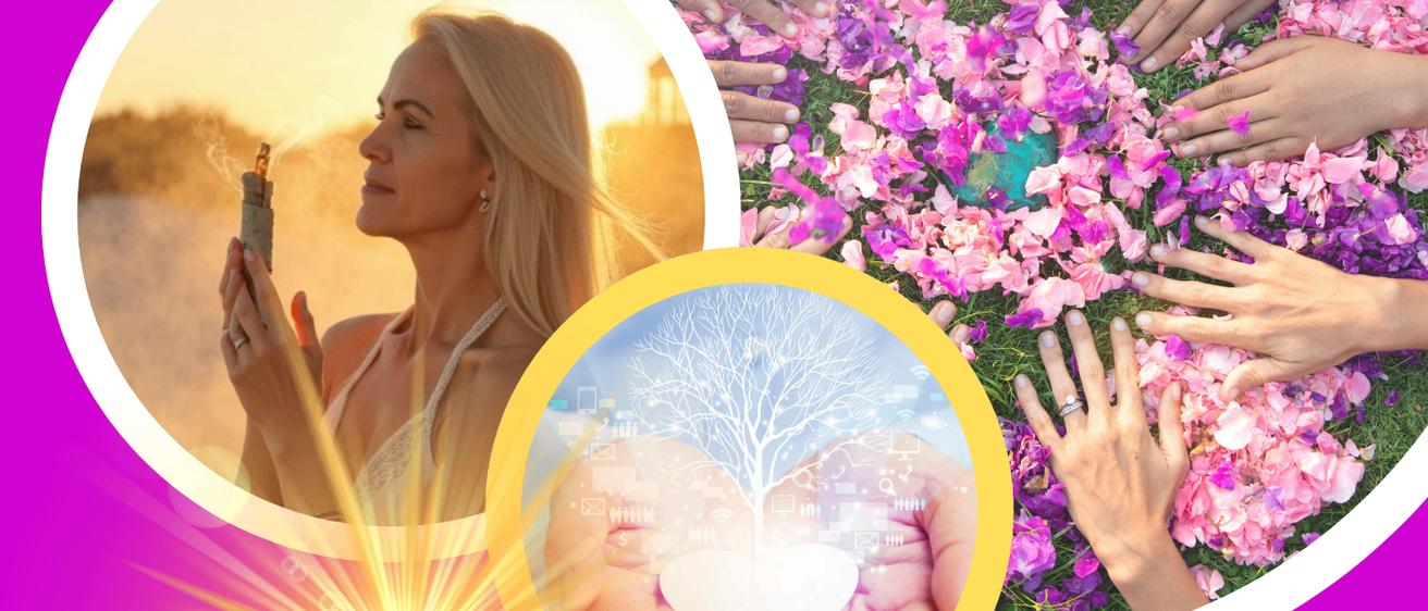 Werbeposter für 'Luminara Energie-Kreis' zeigt eine Frau, die mit einer Kerze meditiert, umgeben von Blumen und Händen. Das Poster verspricht erweiterte Wahrnehmung, erweitertes Bewusstsein und Wiederentdeckung der Selbst. Es hebt Leichtigkeit, Freiheit und Gesundheit hervor.