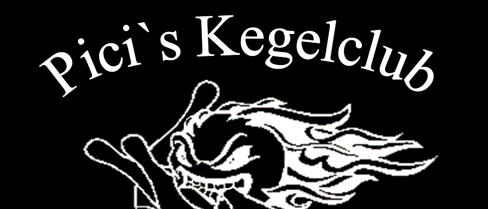 Ein schwarz-weißes Logo für Pici's Kegclub Tragöb mit einem flammenartigen Design, einem stilisierten Gesicht und Bowling-Pins.