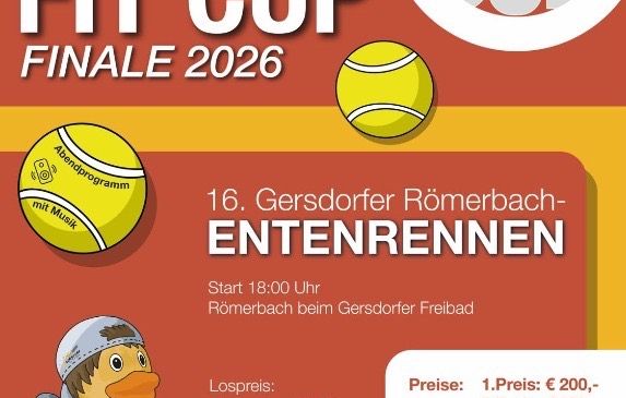 A poster for the Fit Cup Finale 2026 tennis tournament, featuring a tennis ball, a cartoon character holding a tennis racket, and a schedule for the event. The poster includes details such as the start time, location, and ticket prices.