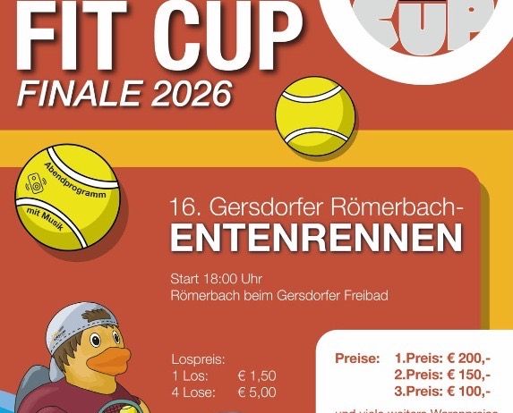 Ein Plakat für das Fit Cup Finale 2026 Tennisturnier mit einem Tennisball, einer Comicfigur mit Tennisschläger und einem Zeitplan für das Event. Das Plakat enthält Details wie Startzeit, Ort und Ticketpreise.