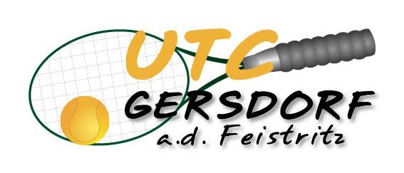 Das Logo von UTG Gersdorff zeigt einen Tennisschläger und einen Ball. Der Text UTG ist gelb und Gersdorff schwarz. Es befindet sich in Feistritz.