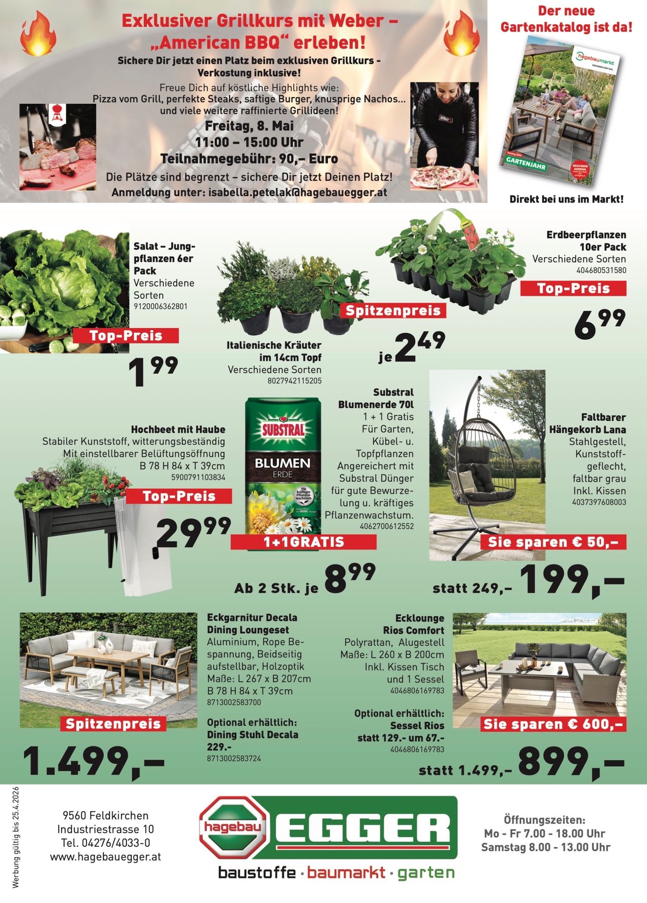 Advertisement for garden plants and outdoor furniture. Features include a salad plant pack, Italian herbs, a high bed with a cover, and various garden and patio items. Prices range from 1.99 Euros to 1,499 Euros.