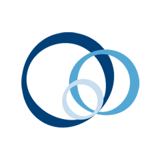 Ein Logo mit drei sich überschneidenden blauen Kreisen, wobei der größte in der Mitte und die anderen beiden auf beiden Seiten sind.