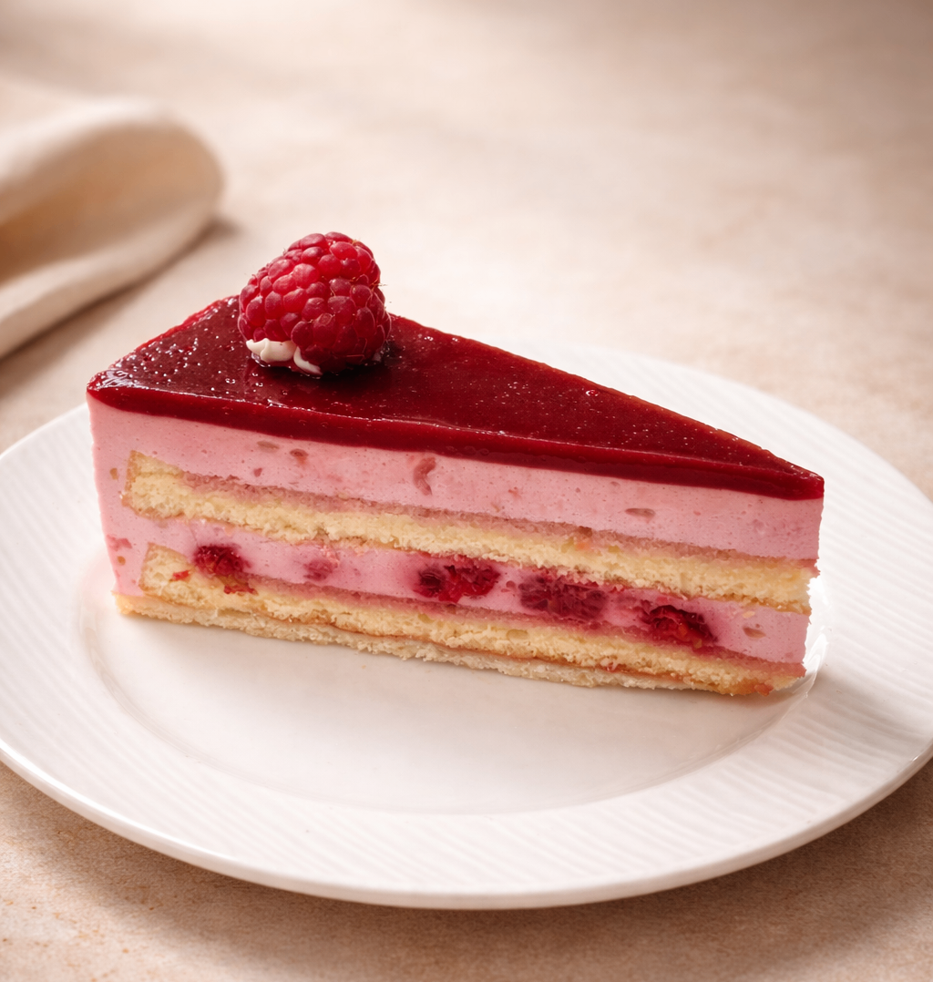 Ein Stück Kuchen mit einer roten Beere darauf, geschichtet mit rosa und gelber Creme, auf einem weißen Teller.