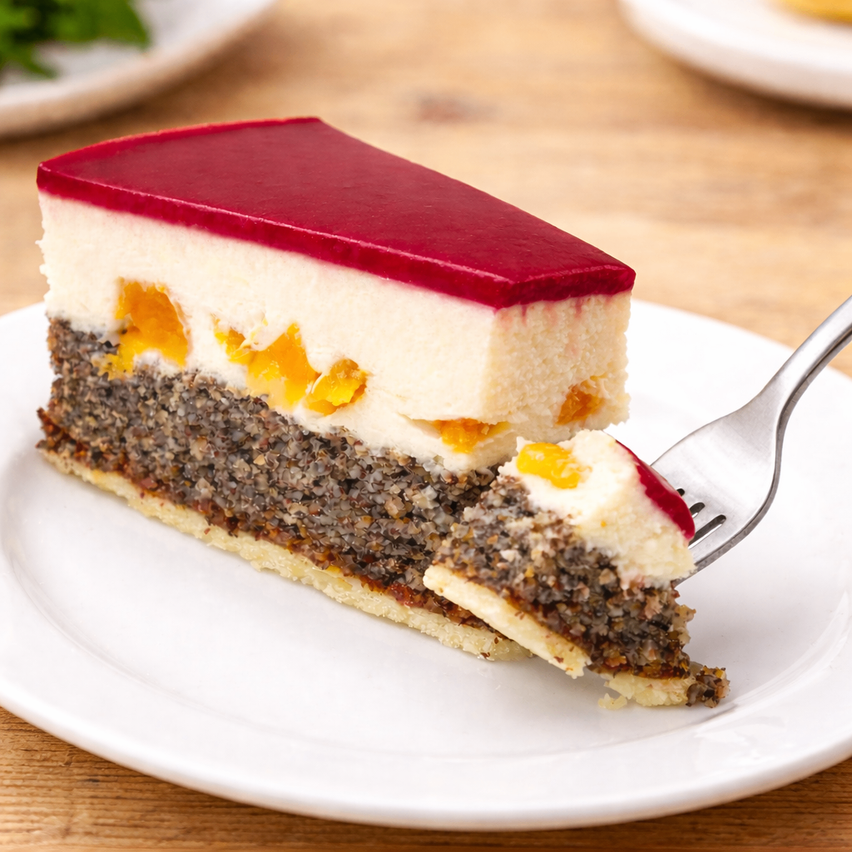 Ein Stück Chia-Samen-Kuchen mit roter Fruchtglasur, teilweise geschnitten, auf einem weißen Teller mit einer Gabel.