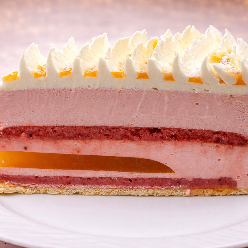 Ein Stück Kuchen mit cremiger weißer Glasur und roter Gelee. Der Kuchen ist in verschiedene Farben geschichtet, und obenauf befinden sich kleine Orangenscheiben.