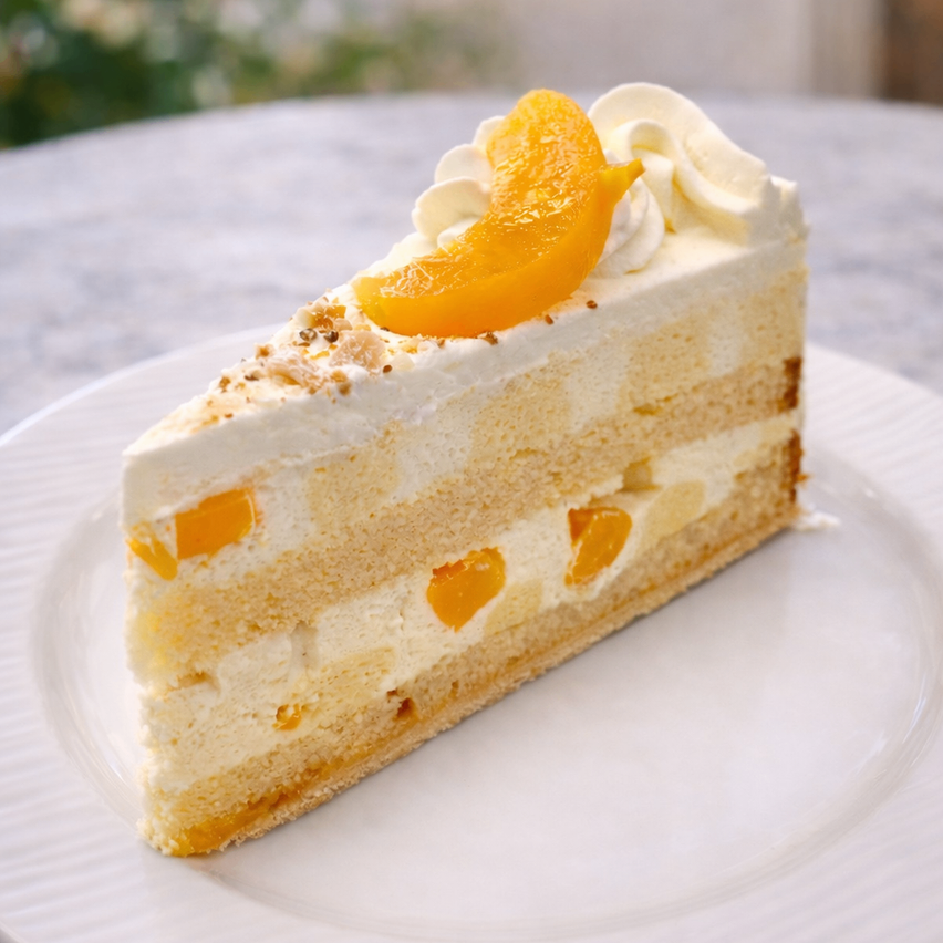 Ein Stück Pfirsichtorte mit Schlagsahne und Pfirsichteilen darauf, serviert auf einem weißen Teller.