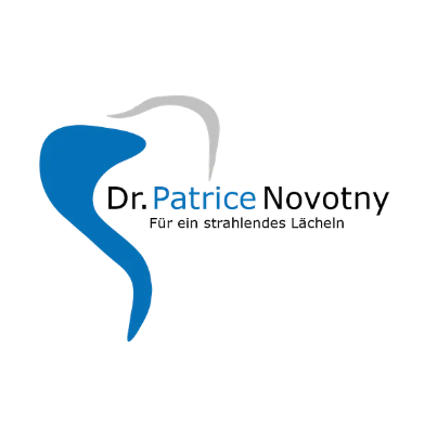 Das Logo für Dr. Patrice Novotny, ein Zahnarzt, der strahlende Lächeln anstrebt. Das Logo zeigt eine abstrakte, blaue Zahnform.