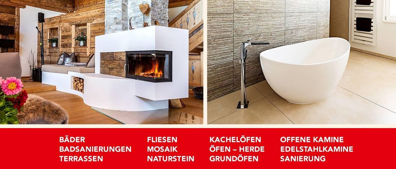 Ein moderner Kamin und eine Badewanne mit einem Wasserhahn sind zu sehen. Der Kamin ist weiß mit einem schwarzen Rahmen und einem brennenden Feuer darin. Die Badewanne ist weiß und hat einen Wasserhahn an einem Metallständer befestigt.