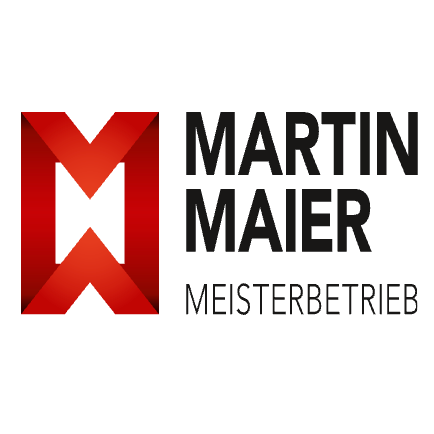 Das Logo von Martin Maier Meisterbetrieb zeigt ein rotes 'M' Symbol neben dem Namen in fetten schwarzen Buchstaben. Darunter steht 'Meisterbetrieb' in kleineren schwarzen Buchstaben.