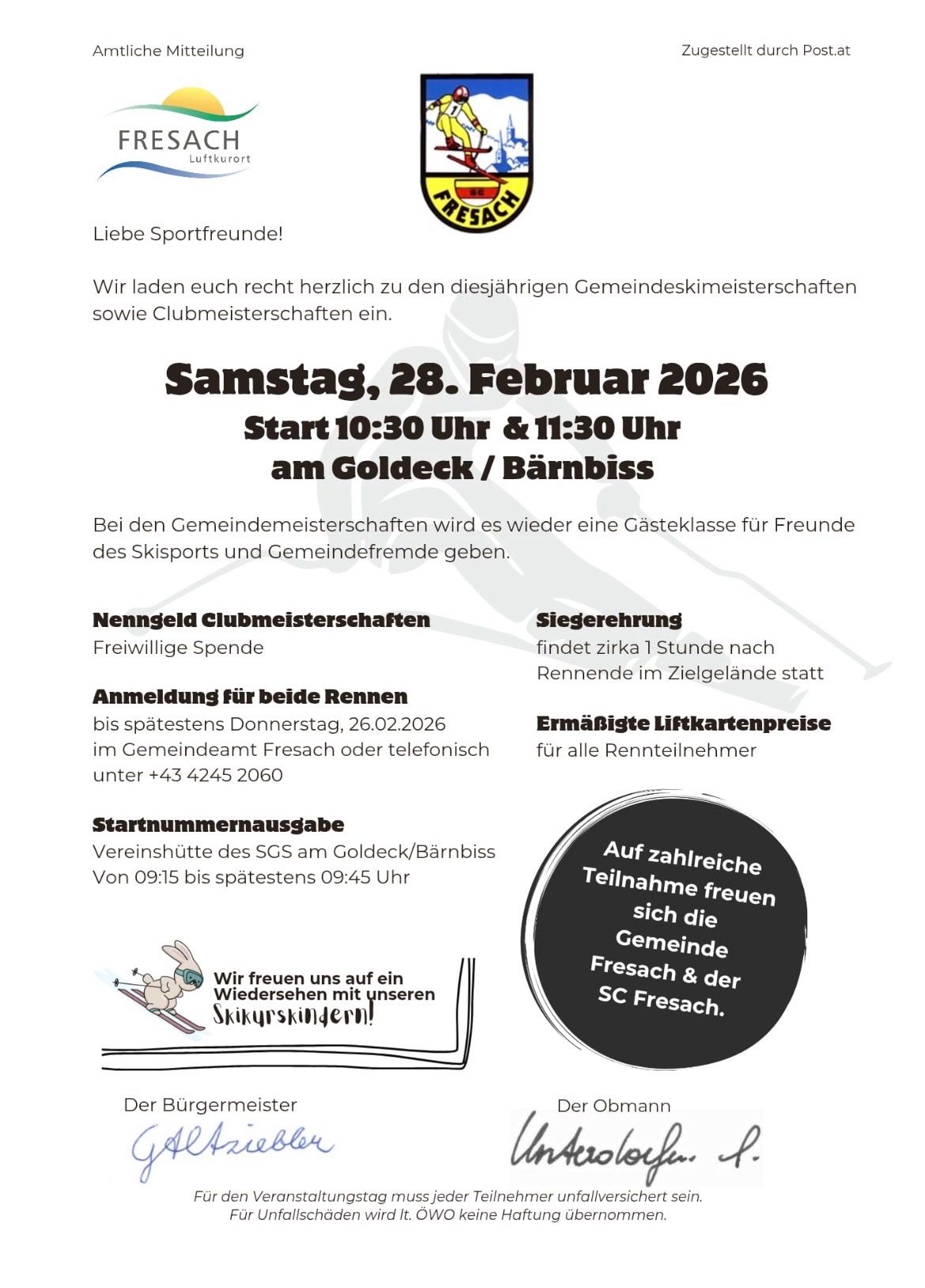 Poster für Gemeindeskimeisterschaften und Clubmeisterschaften am Samstag, 28. Februar 2026, Start 10:30 und 11:30 Uhr am Goldeck/Bärnbiss. Anmeldung für beide Läufe bis Donnerstag, 26.02.2026, im Gemeindeamt oder telefonisch.