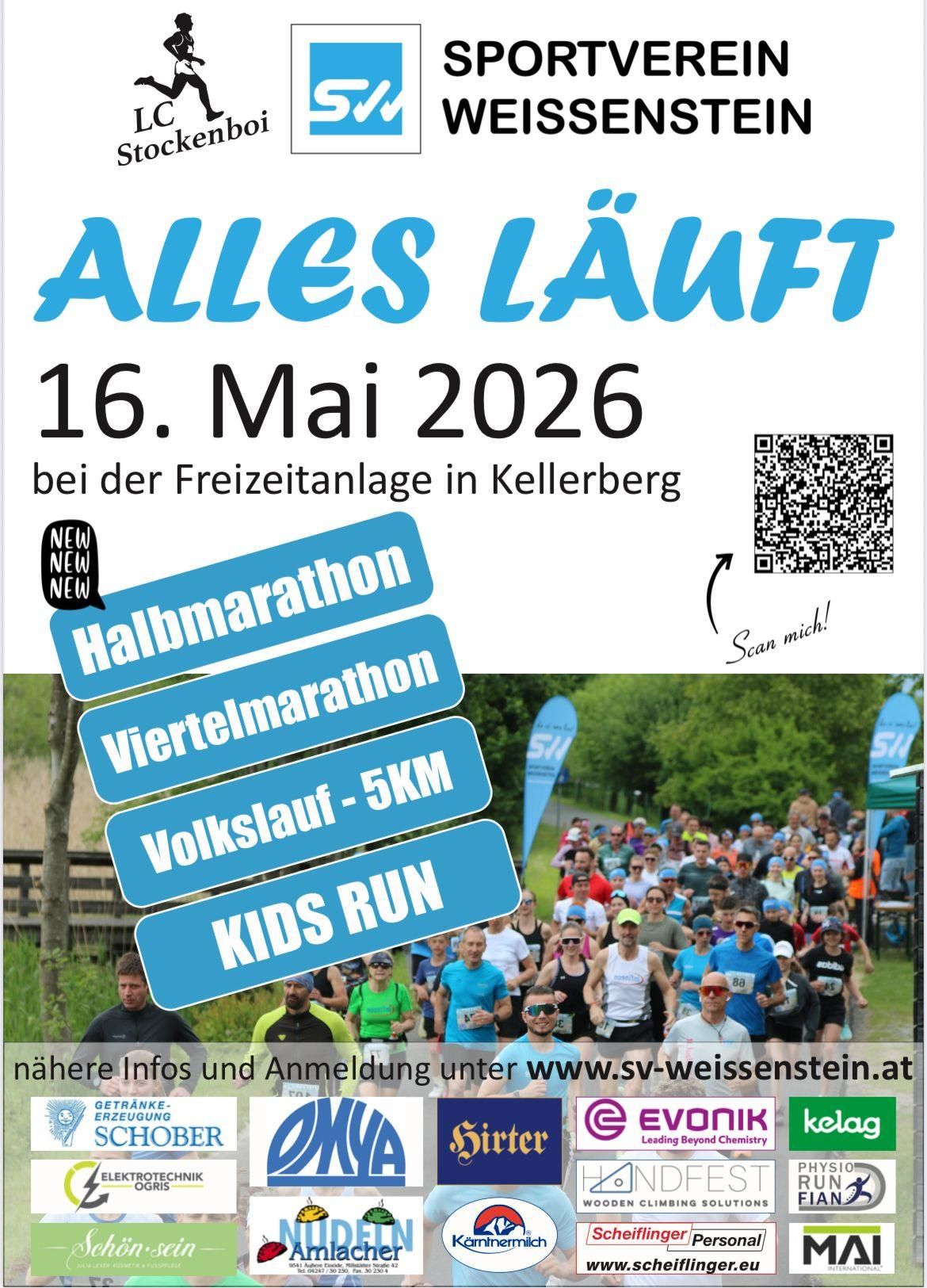 Plakat für den Kellerberg-Lauf am 16. Mai 2026. Beinhaltet Kategorien wie Halbmarathon, Viertelmarathon, 5km-Lauf und Kids Run. QR-Code für weitere Informationen.