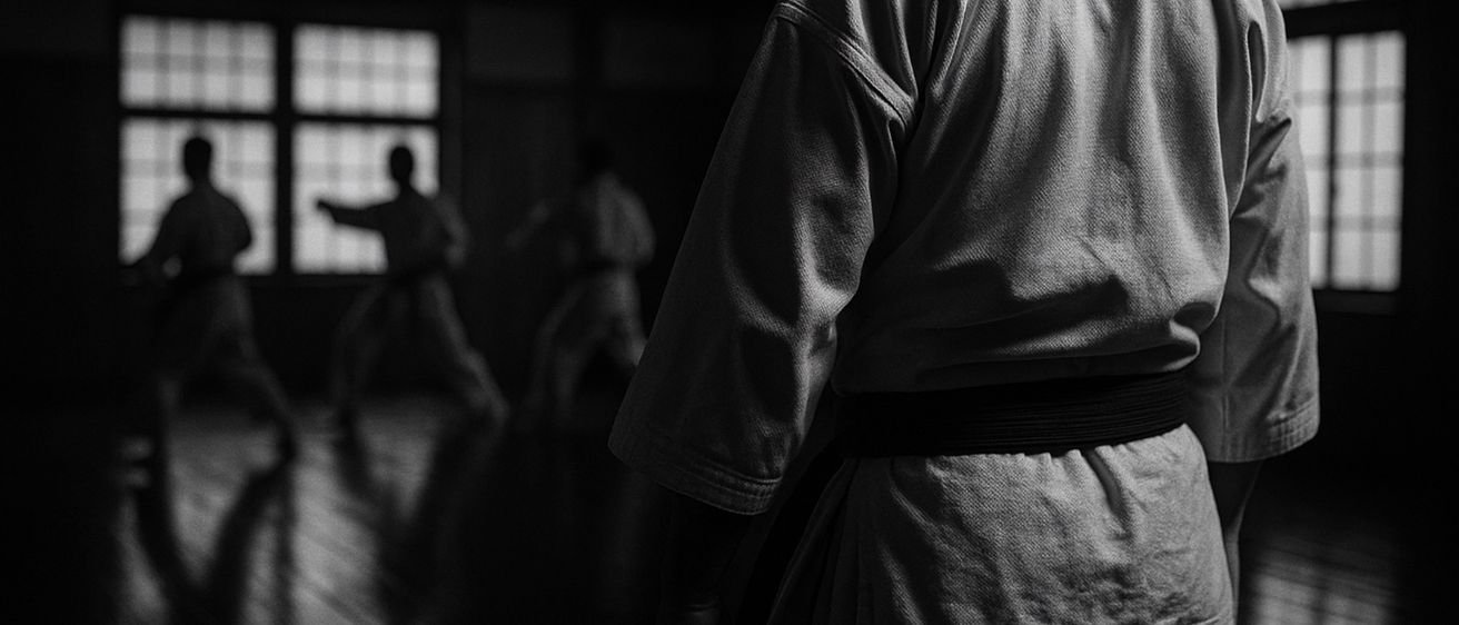 Ein Schwarz-Weiß-Foto zeigt einen Kampfkünstler in einem Dojo, wobei der Fokus auf dem Rücken einer Person in einem Gi liegt. Unscharfe Figuren im Hintergrund deuten auf andere Übende hin.