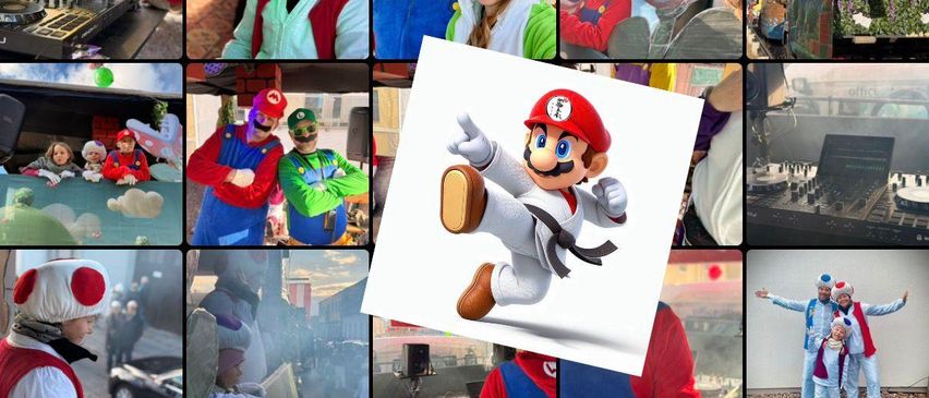 Eine Collage von Fotos mit Menschen, die als Nintendo-Charaktere gekleidet sind. Eine Person mit Mario-Hut und rotem Shirt ist prominent in der Mitte zu sehen.