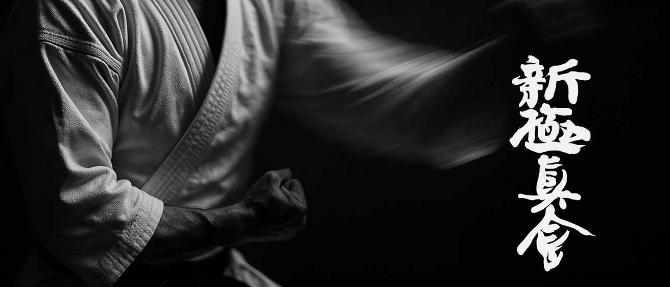 Ein Kampfkünstler in Bewegung, gekleidet in einem weißen Gi mit schwarzem Gürtel, scheint einen Schlag auszuführen. Das Bild ist schwarz-weiß.