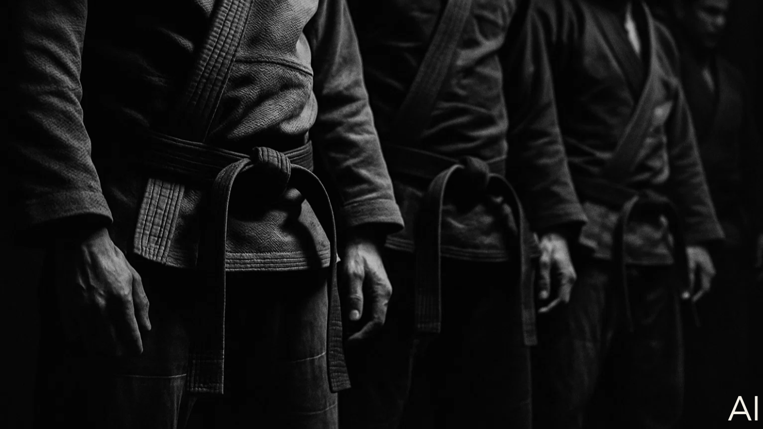 Ein Schwarz-Weiß-Foto von Menschen in Kampfsportuniformen, die in einer Reihe stehen.