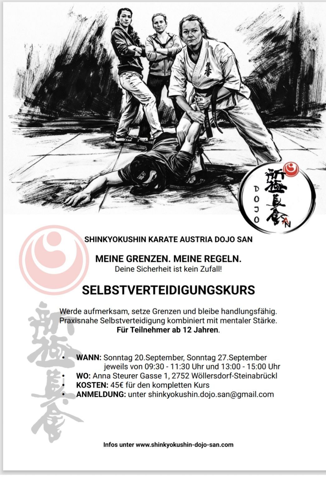 A black and white poster for a self-defense course by Shinkyokushin Karate Austria Dojo San. The poster features a drawing of a martial arts fight with text in German.