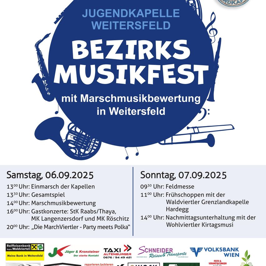 Plakat für das Bezirks Musikfest in Weitersfeld mit Datum 6.-7. September 2025, mit musikalischen Veranstaltungen ab 13:30 Uhr am Samstag und 9:30 Uhr am Sonntag, einschließlich einer Feldmesse und einer Marschmusikbewertung.