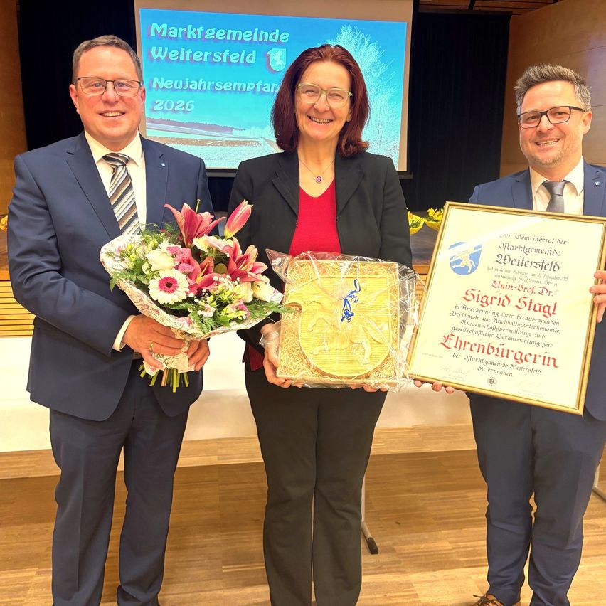 Drei Personen stehen und halten einen Blumenstrauß, ein gerahmtes Zertifikat und eine goldene Scheibe. Die Frau lächelt und die beiden Männer schauen in die Kamera. Hinter ihnen ist ein Bildschirm mit einem projizierten Bild.