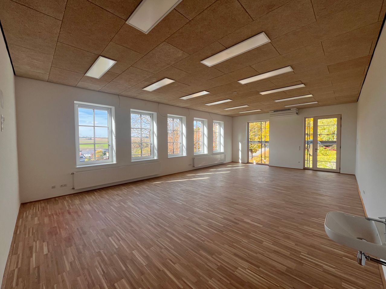 Ein leerer Raum mit Holzböden, weißen Wänden und großen Fenstern, die natürliches Licht hereinlassen. Die Decke hat mehrere quadratische Leuchten. Draußen sind Bäume und eine Landschaft durch die Fenster sichtbar.