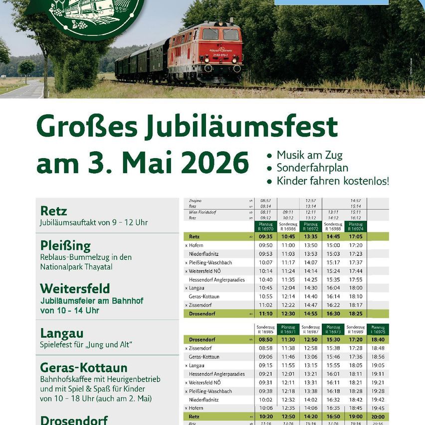 Werbung für ein Jubiläumszugfest am 3. Mai 2026. Spezieller Fahrplan, Kinder fahren kostenlos. Verschiedene Orte mit Zugfahrplänen und Attraktionen.