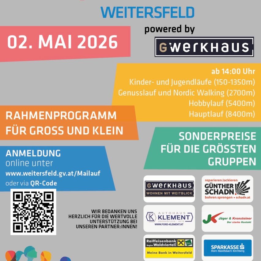 Plakat für eine Veranstaltung in Weitsfeld am 2. Mai 2026. Es bietet verschiedene Aktivitäten wie Kinderrennen, Hindernisläufe und Sonderpreise für große Gruppen. Die Anmeldung ist online oder per QR-Code möglich.