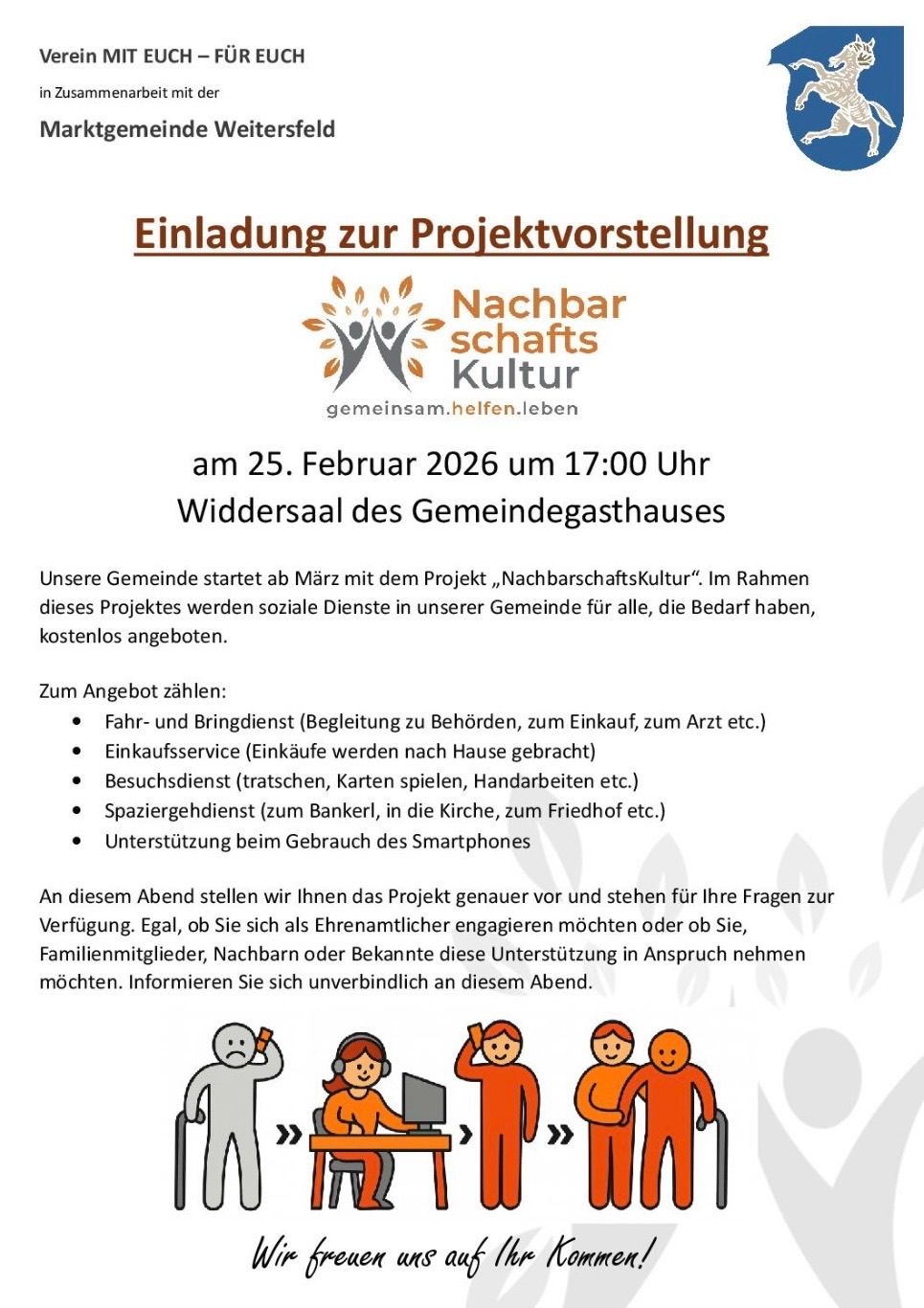 Die Gemeinde startet im März mit dem Projekt 'Nachbarschaftskultur' und bietet soziale Dienste kostenlos an. Am 25. Februar 2026 um 17:00 Uhr findet eine Präsentation im Gemeindehaus statt. Dienste umfassen Transport, Einkäufe, Besuche, Ausflüge und Smartphone-Unterstützung.