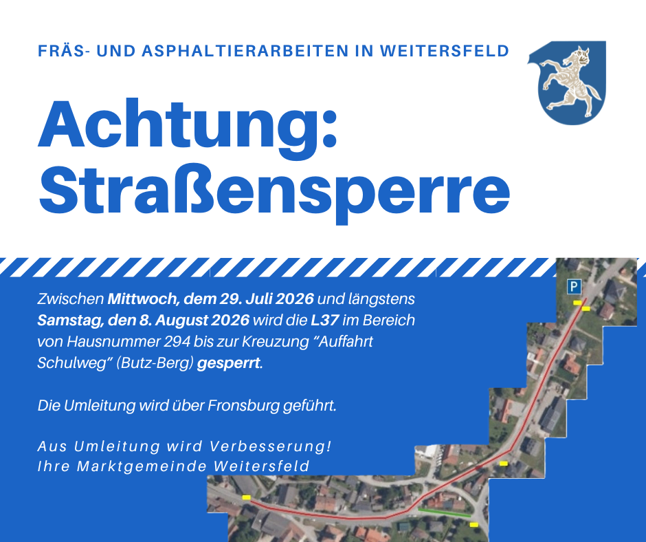 Eine Mitteilung über Straßenarbeiten in Weitersfeld, Deutschland, mit Hinweis auf eine Straßensperrung der L37 vom 29. Juli 2026 bis 8. August 2026, mit Umleitung über Fronsburg. Die Mitteilung enthält eine Karte mit dem betroffenen Gebiet.
