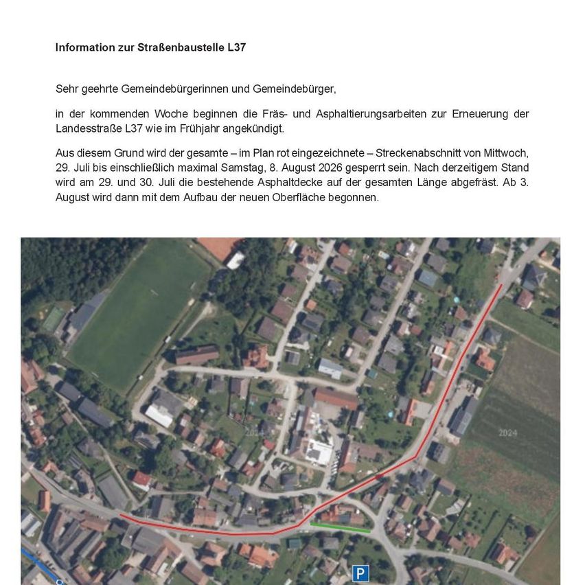 Eine Karte, die die Straße L37 mit einer roten Linie zeigt, die den Bereich der Straßenarbeiten anzeigt. Die Karte enthält eine Legende mit einer roten Linie und einer grünen Linie. Das Datum 2024 ist in der oberen rechten Ecke sichtbar.