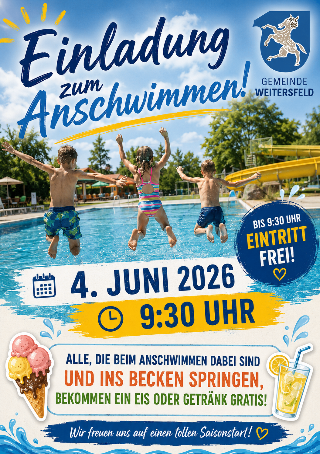 Kinder springen in einen Pool mit einer gelben Rutsche im Hintergrund. Veranstaltungsdatum: 4. Juni 2026. Zeit: 9:30 Uhr. Freier Eintritt bis 21:30 Uhr.