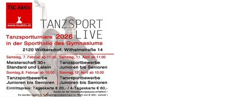 Tanzsport Turniere 2026 Live. Zwei Tage Tanzsport-Wettbewerb. Samstag, 11. April ab 11:00. Sonntag, 12. April ab 10:00. Ort: Volksdorf, Withalmstraße 14. Ticketpreise und Workshop-Details angegeben.