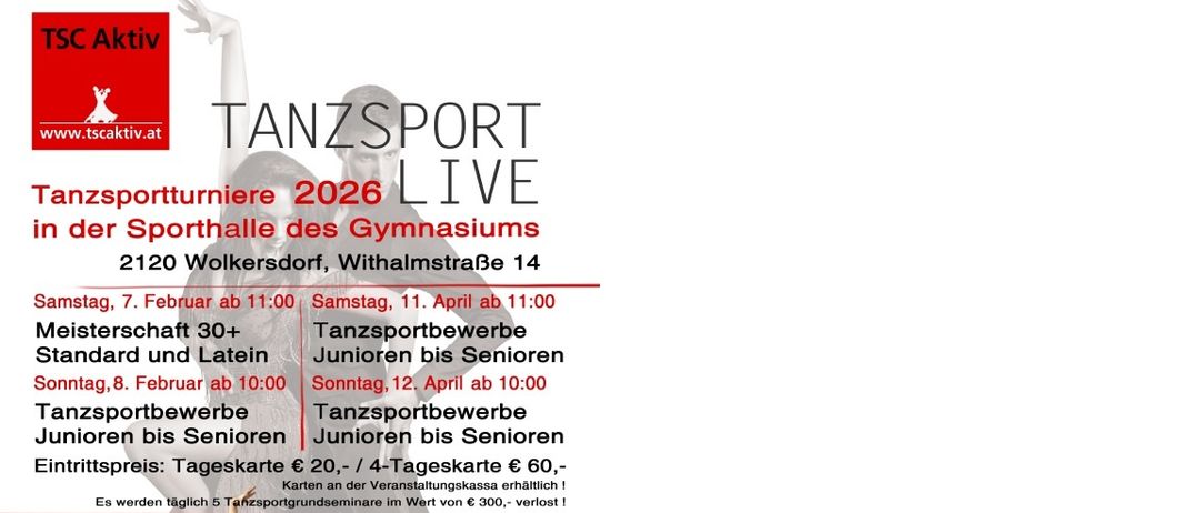 Tanzsport Turniere 2026 Live. Zwei Tage Tanzsport-Wettbewerb. Samstag, 11. April ab 11:00. Sonntag, 12. April ab 10:00. Ort: Volksdorf, Withalmstraße 14. Ticketpreise und Workshop-Details angegeben.