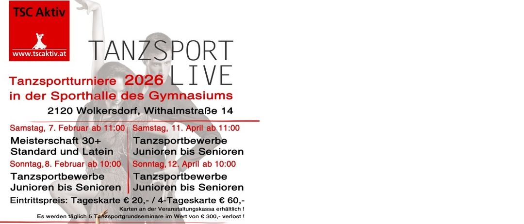 Plakat für Tanzsport Turniere 2026 Live. Geplante Termine sind Samstag, 11. April und Sonntag, 12. April. Preise für Tanzsportworkshops und Seminare sind aufgeführt.