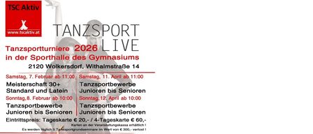 Plakat für Tanzsport Turniere 2026 Live. Geplante Termine sind Samstag, 11. April und Sonntag, 12. April. Preise für Tanzsportworkshops und Seminare sind aufgeführt.