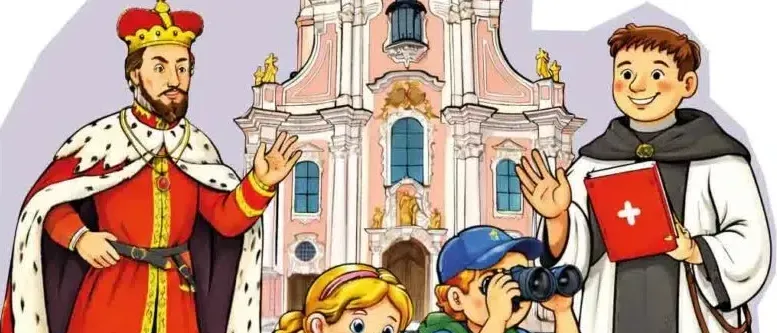 Eine Karikatur, die einen König, einen Mönch, ein Mädchen, einen Jungen und eine Schildkröte vor einer Kirche darstellt.