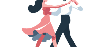 Ein Paar tanzt zusammen, die Frau in einem rosa Kleid und der Mann in formeller Kleidung. Sie lächeln beide und scheinen es zu genießen.