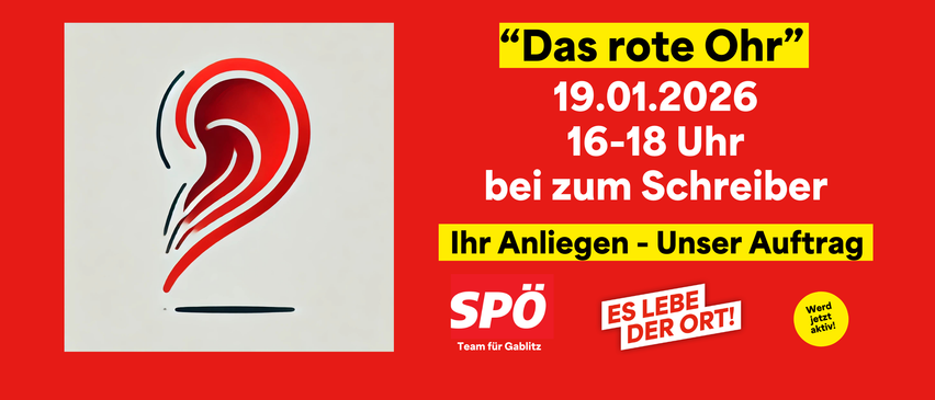 Rotes Plakat mit einem roten Herz und dem Datum 19.01.2020, Zeit 16-18. Der Slogan lautet 'Das rote Herz'. Ein Logo für 'Team für Gabritz' ist zu sehen mit einem roten und weißen Herz-Symbol.