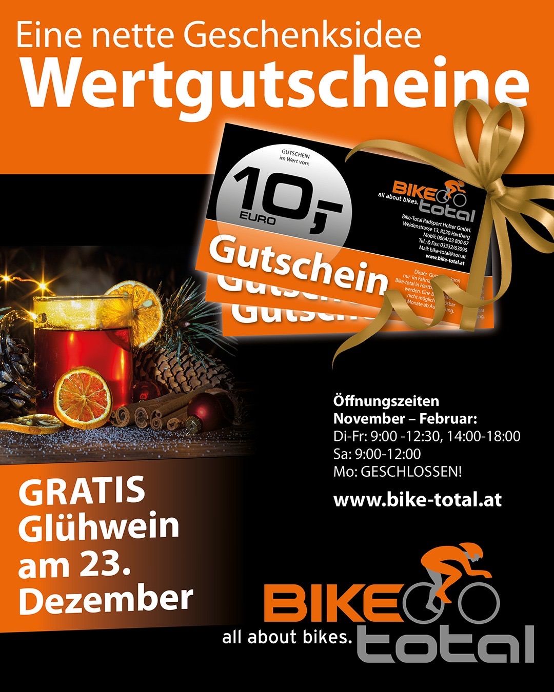 A poster advertising a free mulled wine on December 23rd with a value voucher of 10 euros, showing a cup of wine, a candle, and pine cones. Opening hours are displayed.