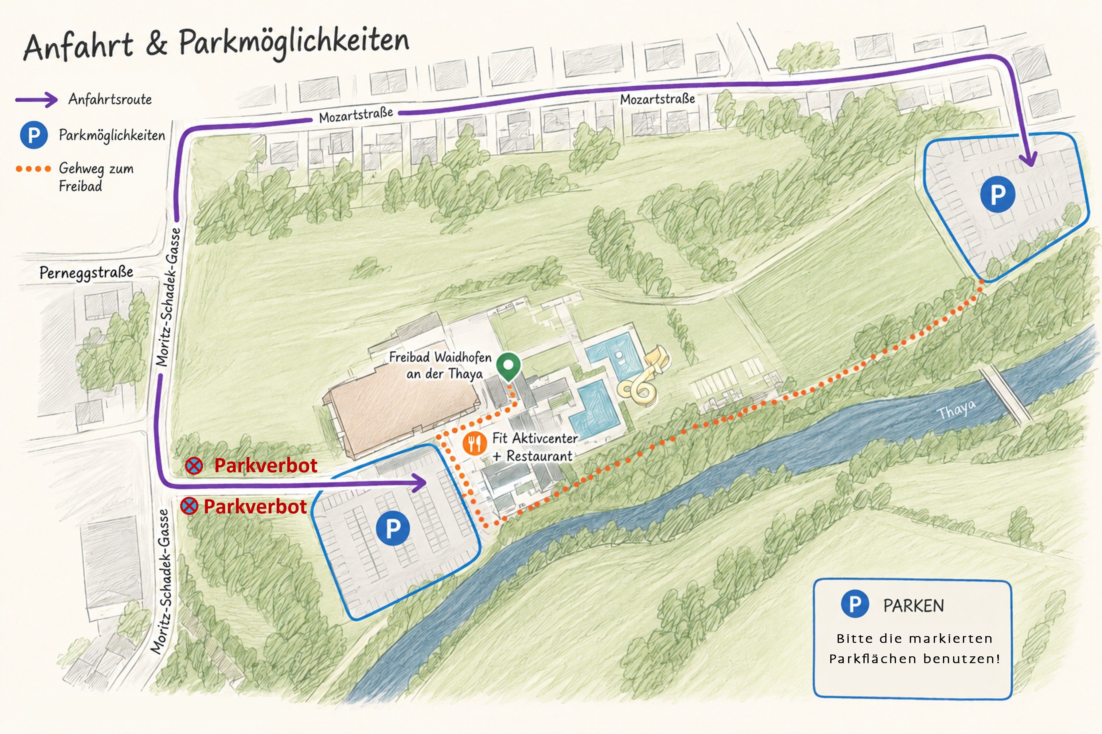 Eine Karte zeigt Parkmöglichkeiten in der Nähe eines Flusses. Es gibt zwei Parkplätze, einer mit einem roten Kreuz und der andere mit einem P markiert. Die Karte zeigt auch ein Fitnesscenter und ein Restaurant.