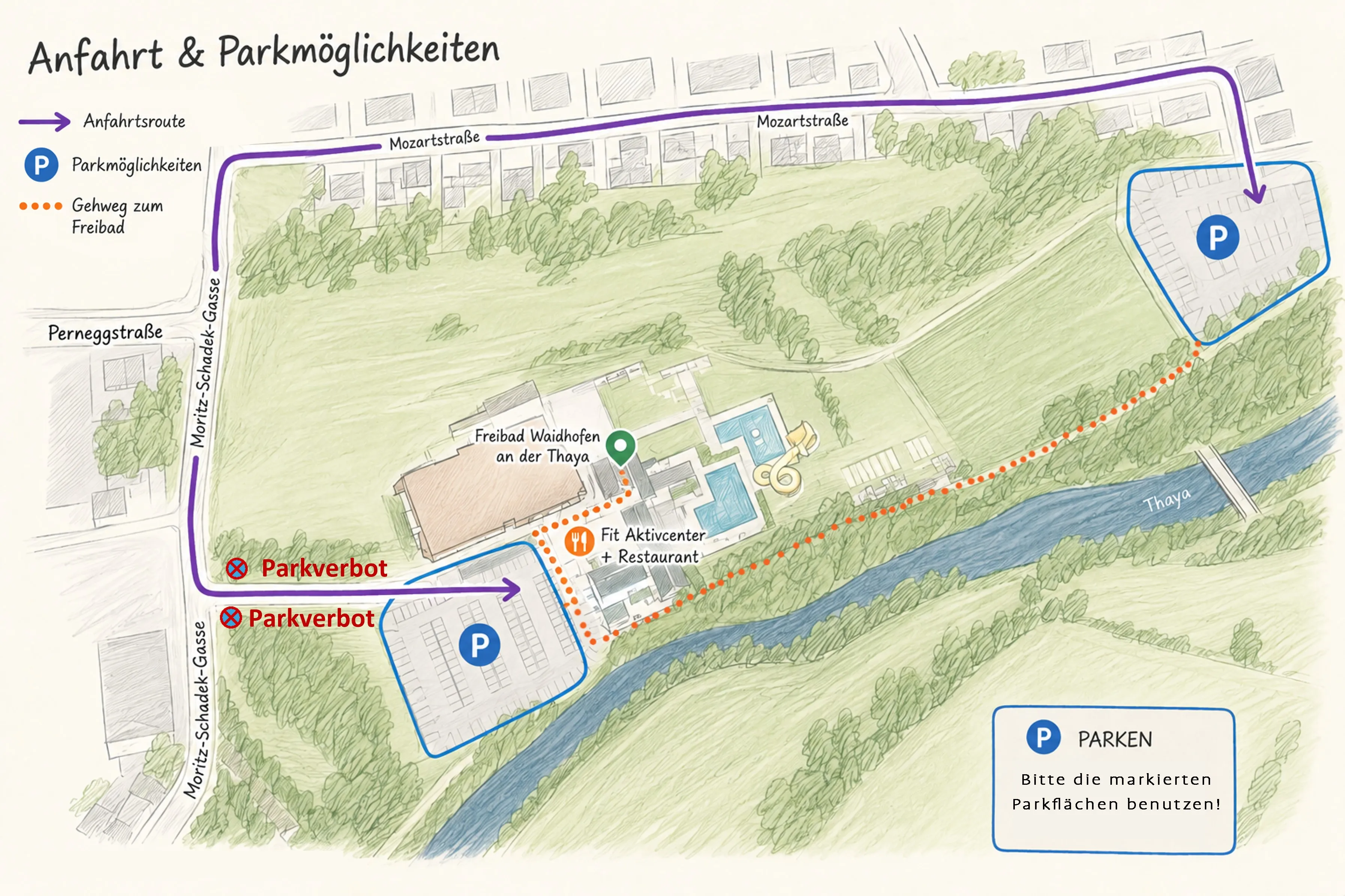 Eine Karte zeigt Parkmöglichkeiten in der Nähe eines Flusses. Es gibt zwei Parkplätze, einer mit einem roten Kreuz und der andere mit einem P markiert. Die Karte zeigt auch ein Fitnesscenter und ein Restaurant.