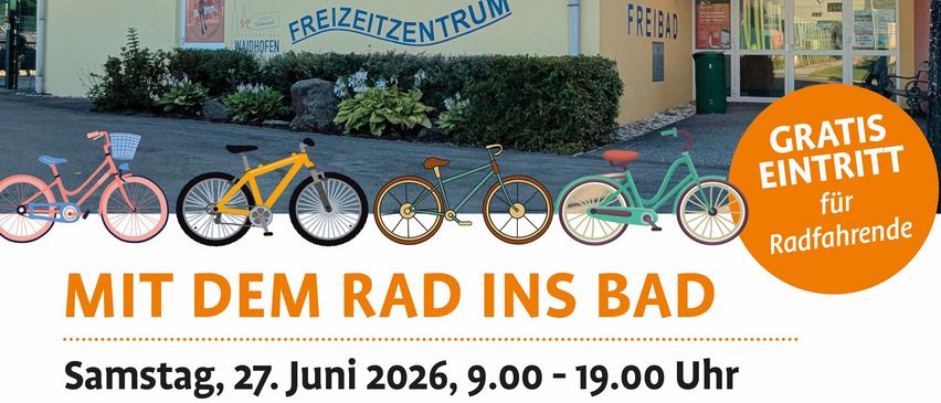 Ein Flyer zeigt ein Gebäude mit 'Freizeitzentrum' und 'Freibad'. Drei Fahrräder sind abgebildet, zusammen mit einem Datum und einer Uhrzeit.