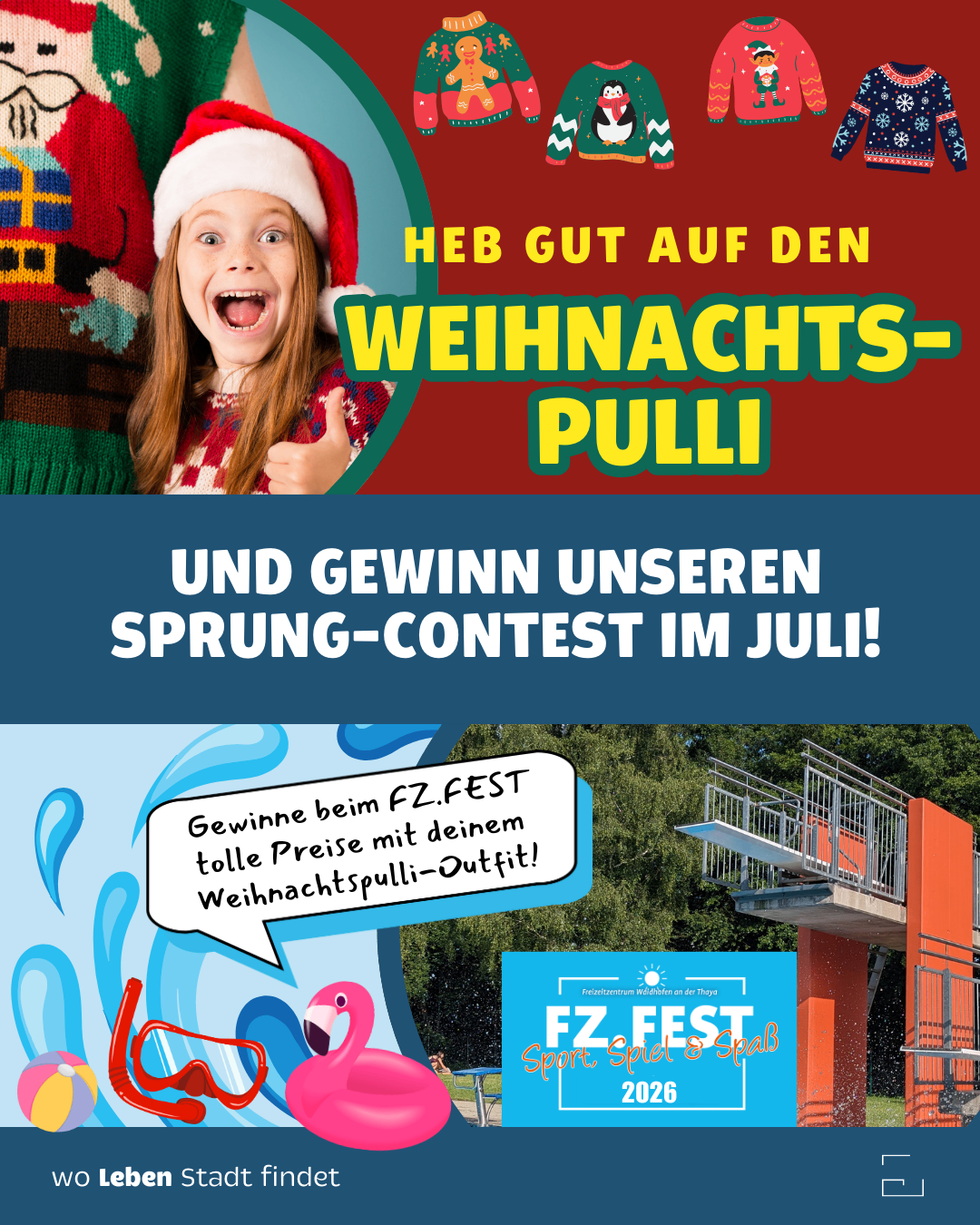 Ein Bild, das für einen Sommer-Wettbewerb bei Fz.Fest wirbt, mit einem Mädchen in einem Weihnachtspulli und einer Mütze. Es lädt Teilnehmer ein, Preise im Juli zu gewinnen.