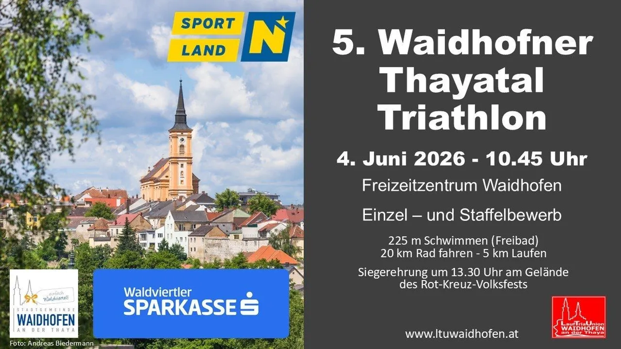 Plakat für den 5. Waidh-Triathlon, geplant für den 4. Juni 2026. Veranstaltung im Freizeitzentrum Einzel mit 225 m Schwimmen, 20 km Radfahren und 5 km Laufen. Waldviertler Sparkasse-Sponsoring.