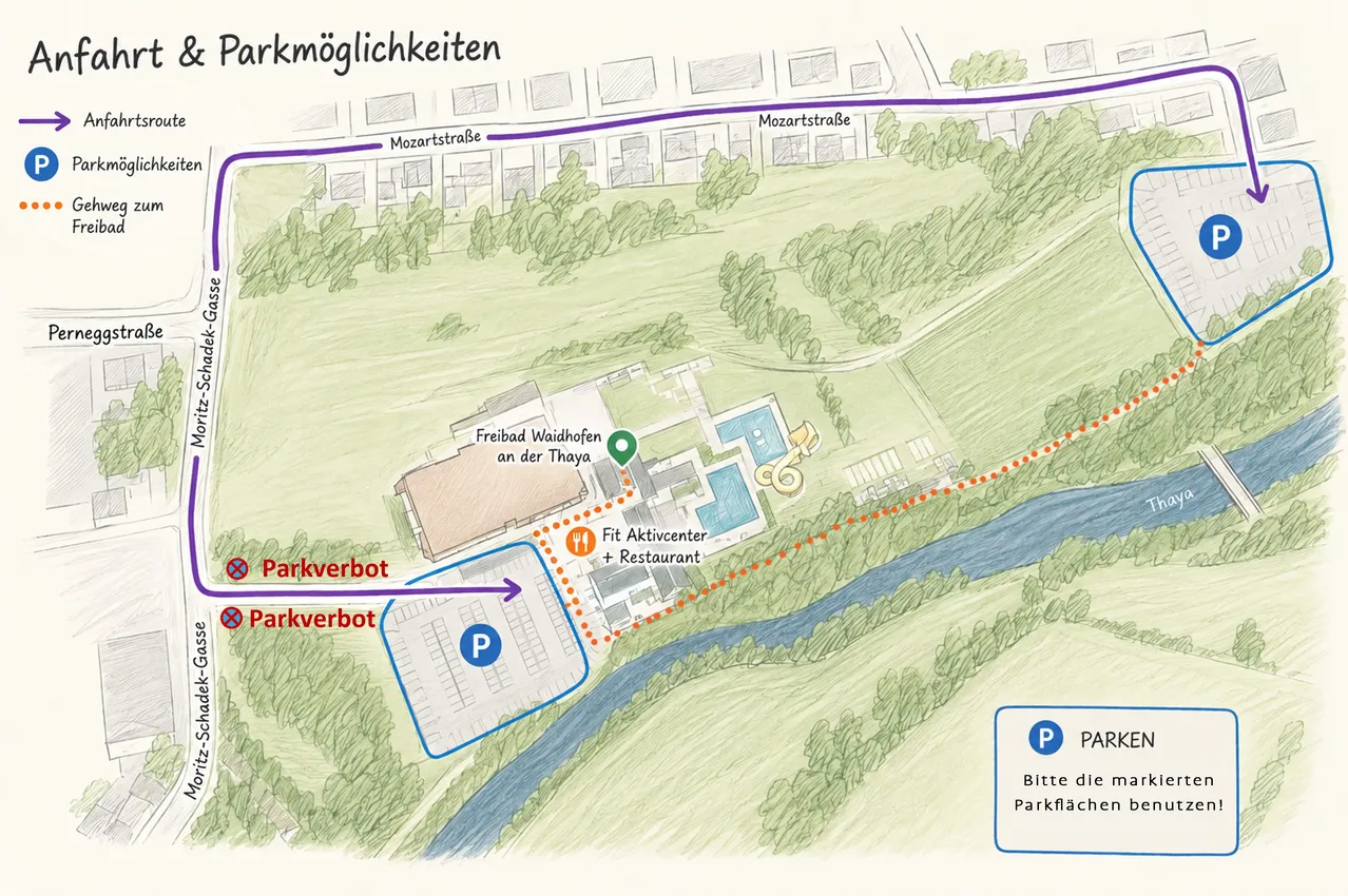 Eine Karte zeigt Parkmöglichkeiten entlang der Mozartstraße. Zwei Parkbereiche sind markiert, einer mit Schwimmbad, Fitnesscenter und Restaurant. Ein weiterer Parkbereich ist mit einem Schild markiert, das Parkverbot anzeigt.