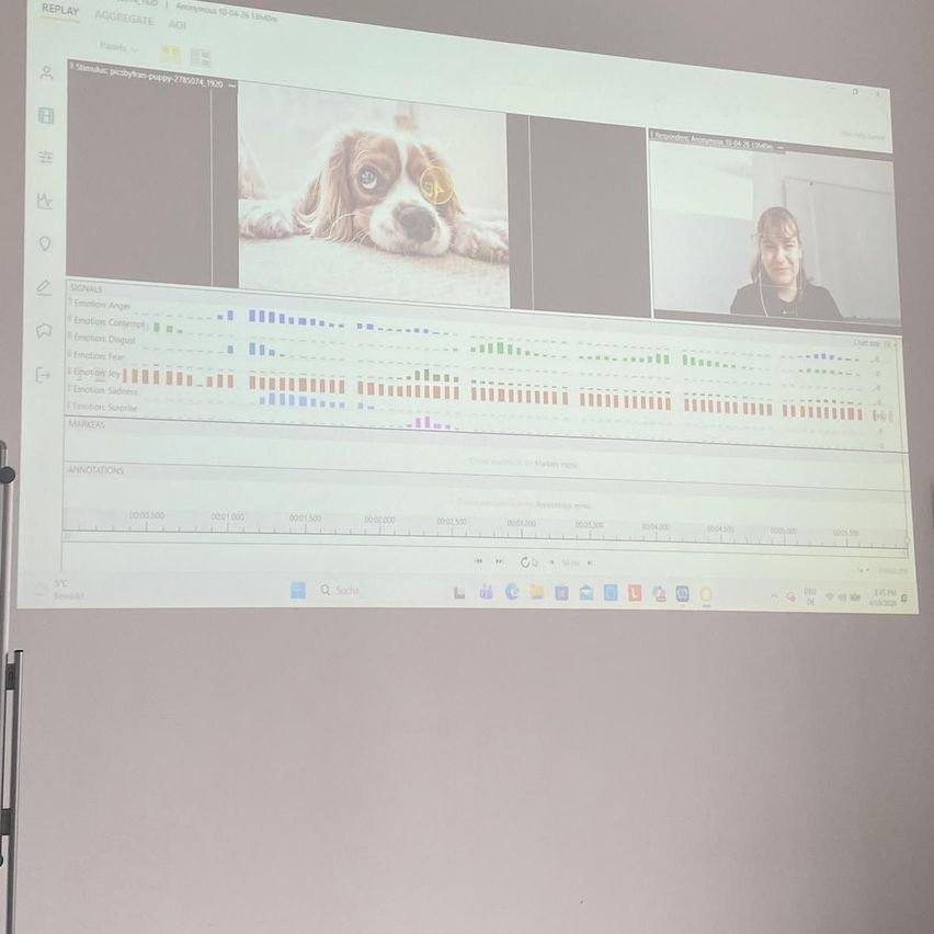 A presentation shows a dog's image with emotional analysis overlays. Below, a woman is on a video call. The screen displays various data points and time stamps.