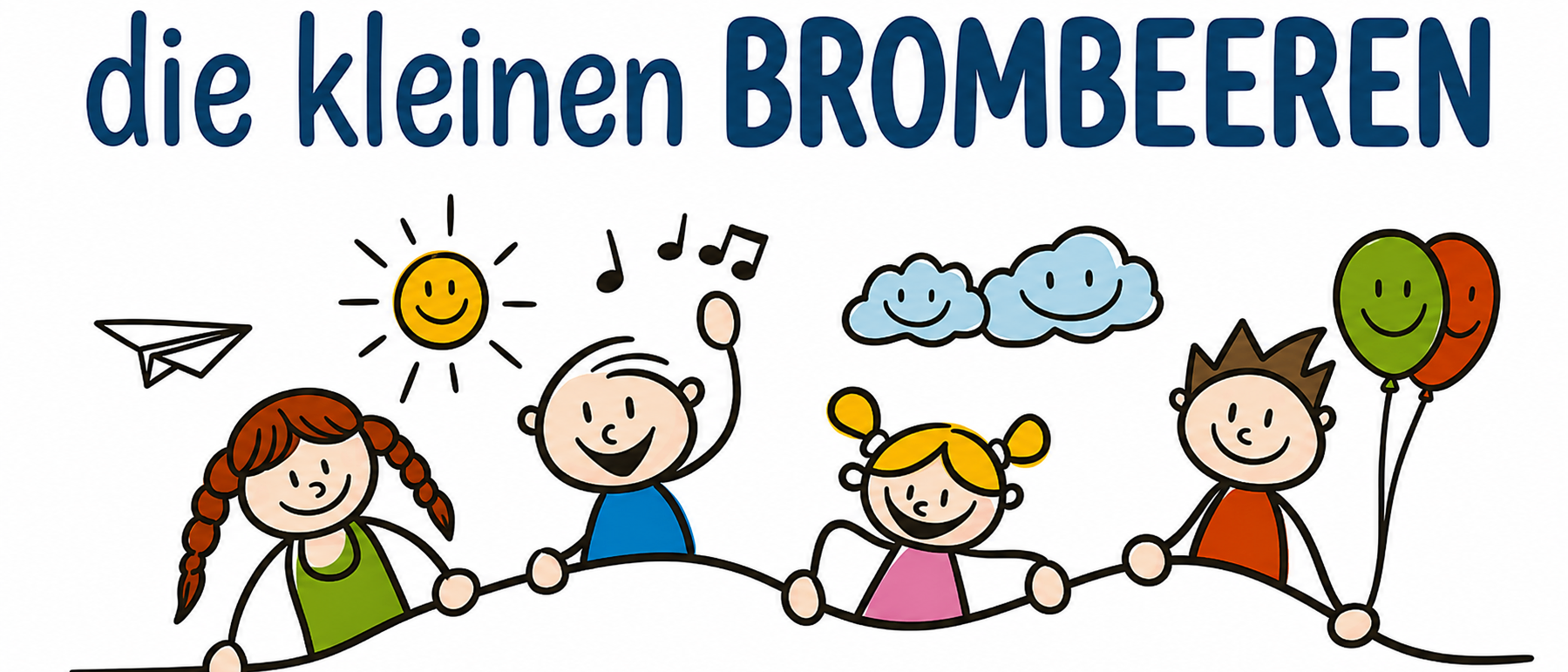 Illustration eines Jungen und eines Mädchens, die ein Banner mit dem Text 'Einen Brombe' halten. Musiknoten und eine lächelnde Sonne sind über ihnen.