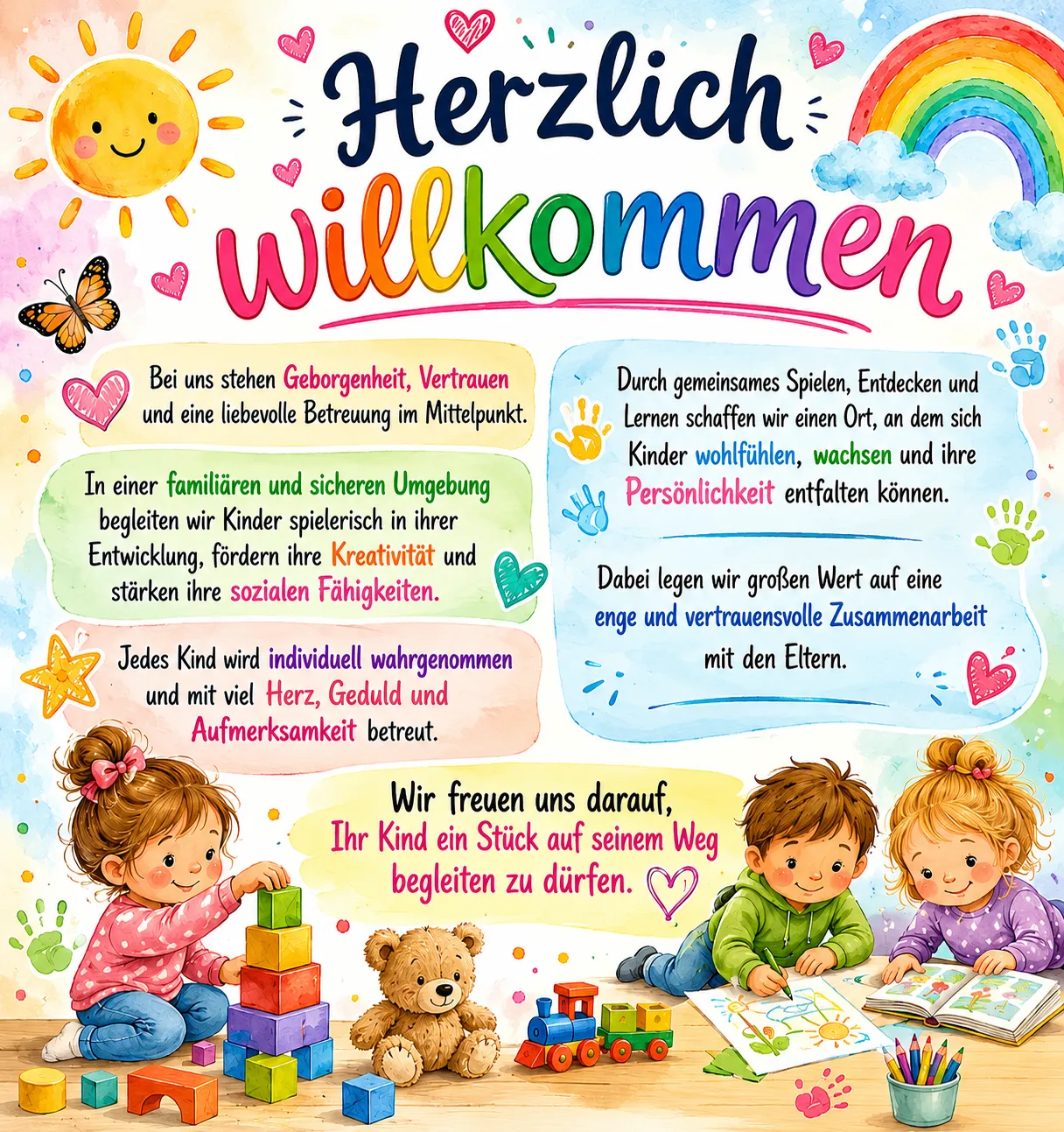 Ein Poster, das Kinder willkommen heißt, mit Kindern, die mit Spielzeug spielen und einem Regenbogen, das eine sichere und liebevolle Umgebung für das Wachstum und die sozialen Fähigkeiten von Kindern fördert.
