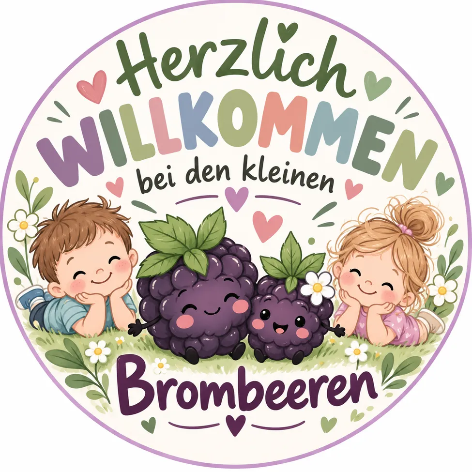 Eine kreisförmige Illustration mit zwei lächelnden Kindern, eines liegt und das andere sitzt, umgeben von lila Brombeeren und weißen Blumen. Der Text 'Herzlich Willkommen bei den kleinen Brombeeren' ist in einer verspielten Schrift geschrieben.