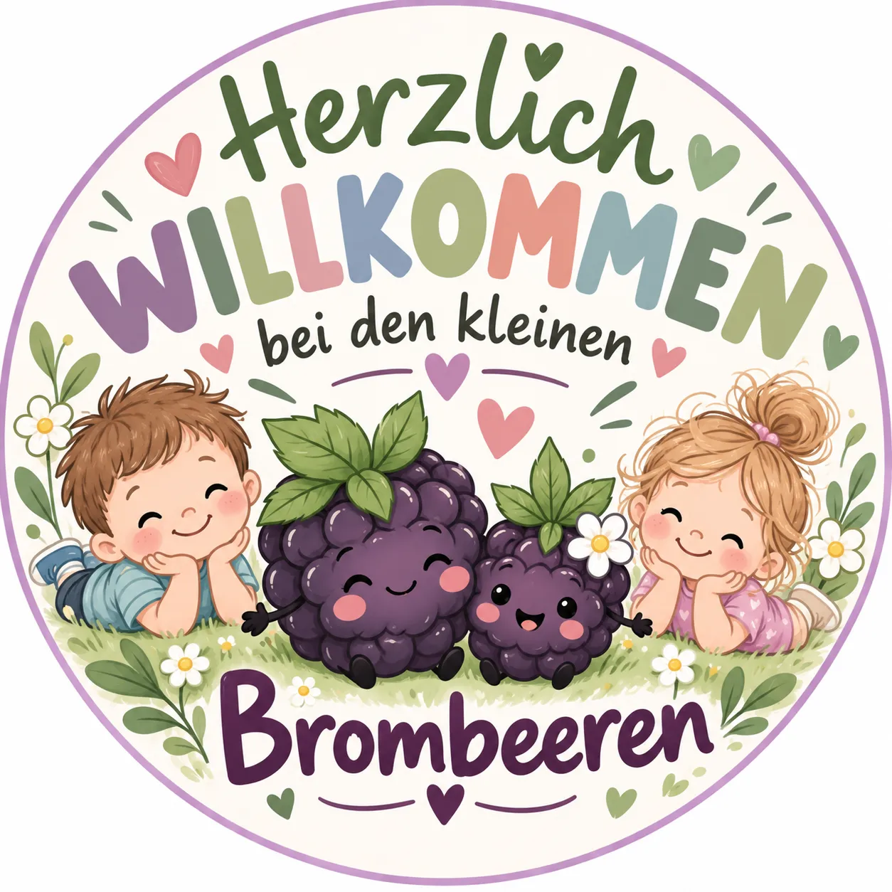 Eine kreisförmige Illustration mit zwei lächelnden Kindern, eines liegt und das andere sitzt, umgeben von lila Brombeeren und weißen Blumen. Der Text 'Herzlich Willkommen bei den kleinen Brombeeren' ist in einer verspielten Schrift geschrieben.