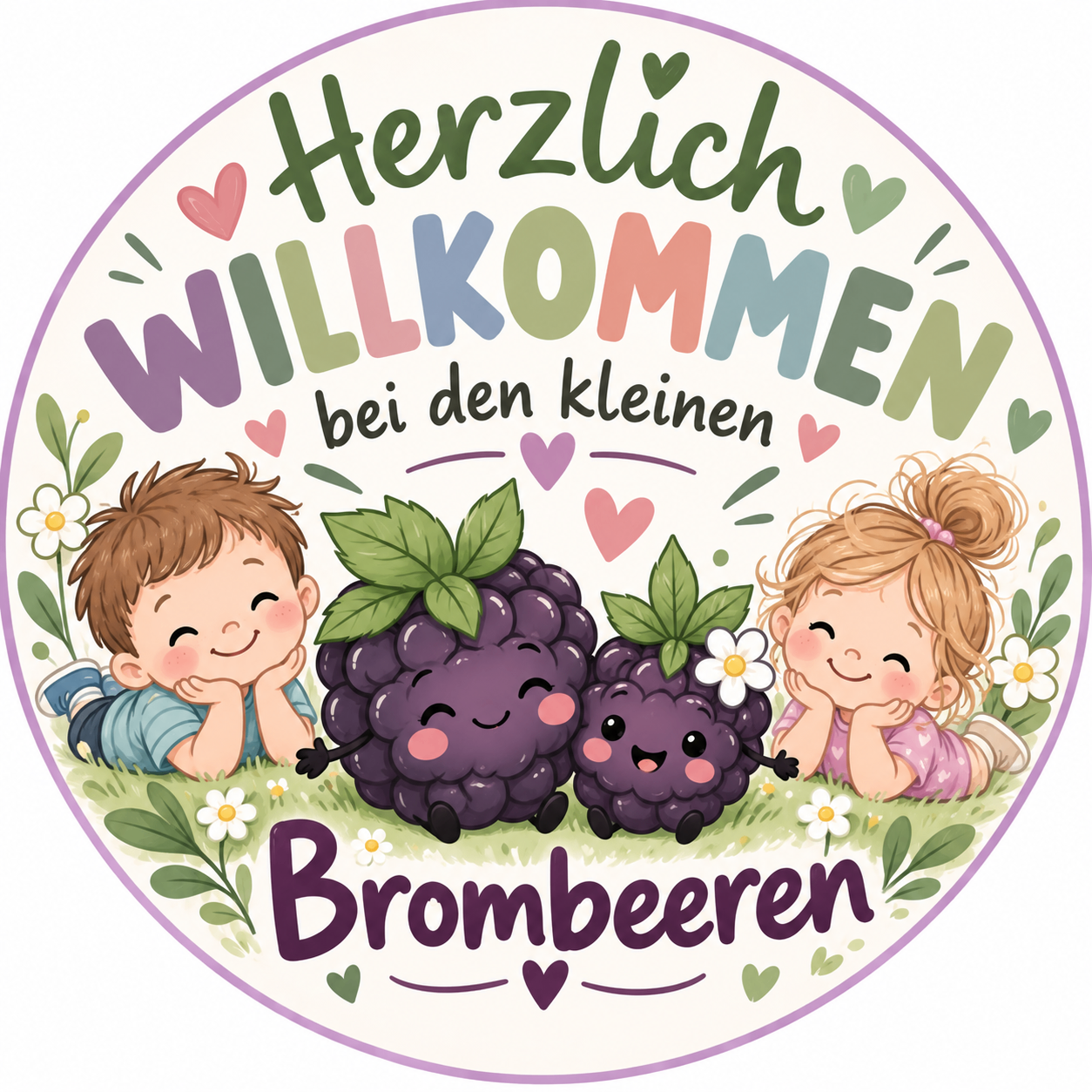 Eine kreisförmige Illustration mit zwei lächelnden Kindern, eines liegt und das andere sitzt, umgeben von lila Brombeeren und weißen Blumen. Der Text 'Herzlich Willkommen bei den kleinen Brombeeren' ist in einer verspielten Schrift geschrieben.